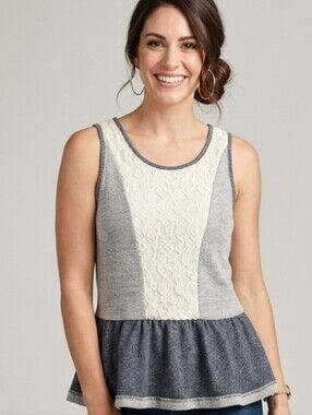 Robin K Gray Tank Top with Cream Lace Front Panel